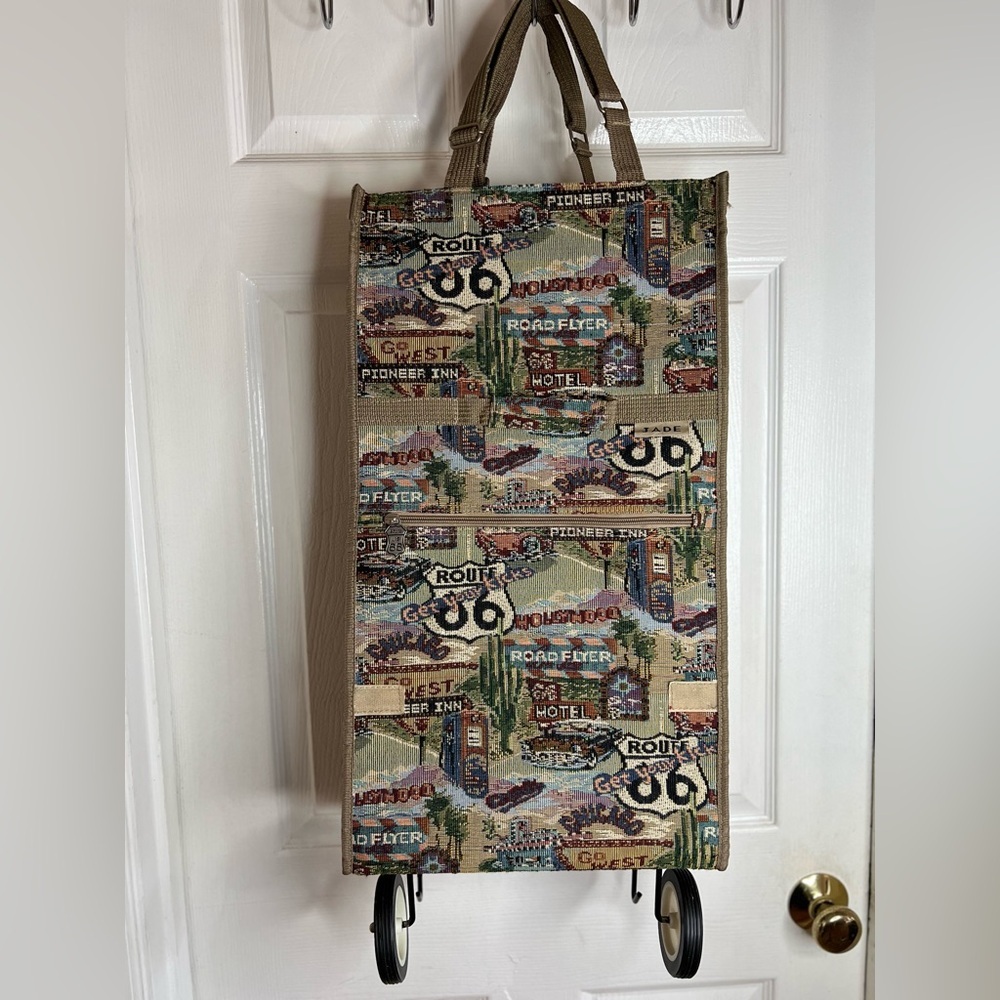 Jade Tapestry Route 66 Shopping Travel Tote Bag Wheels Foldable Collapsible